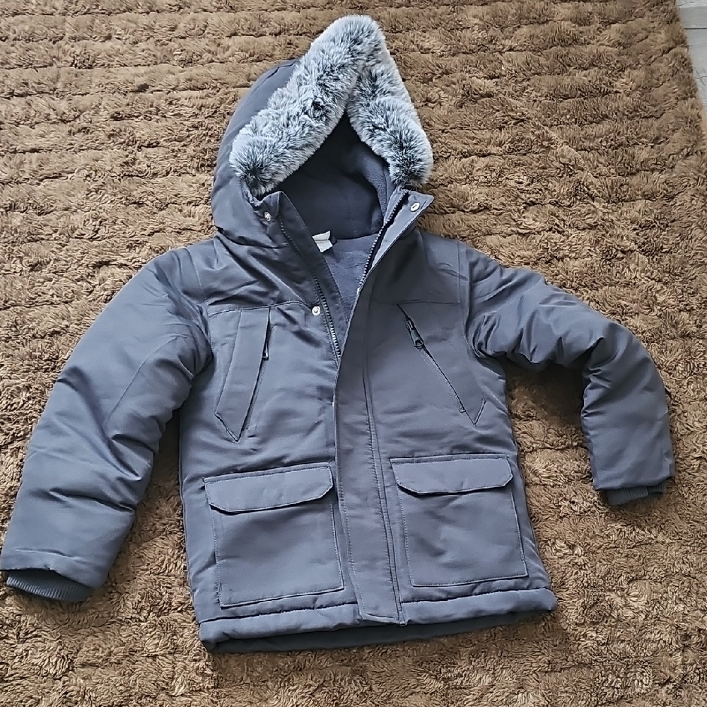Kids Gray Winter Jacket with Faux Fur Hood